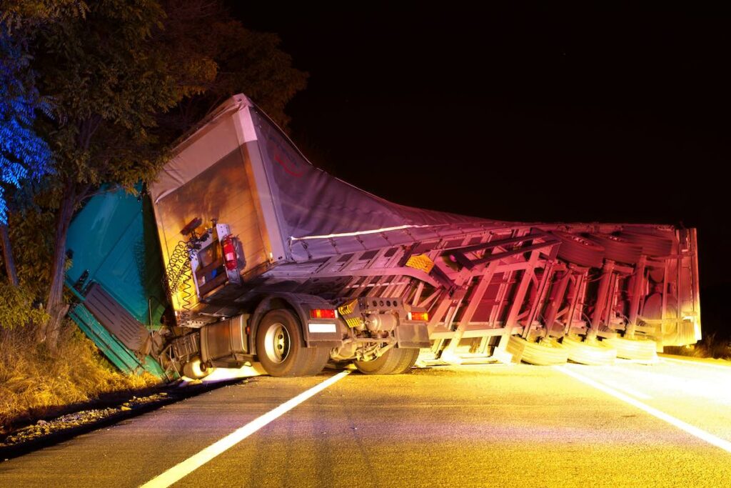 Overturned Truck in a night crash