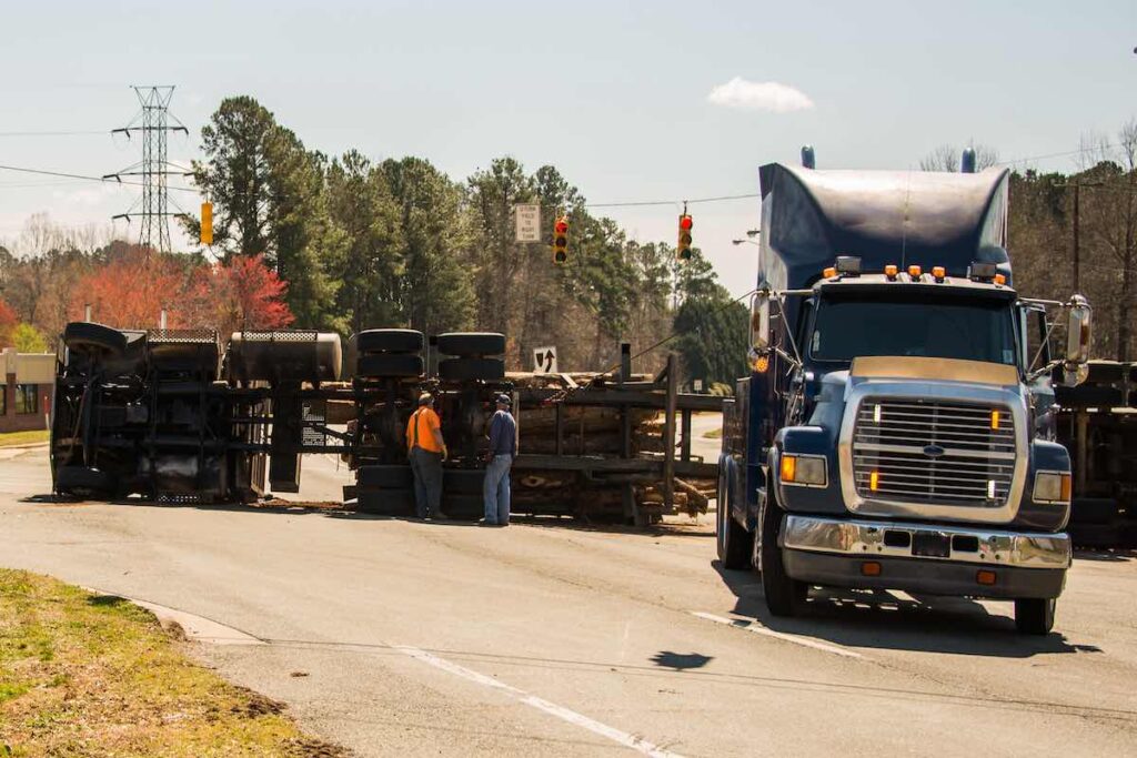 Logging truck turned over on highway causing load spill accident