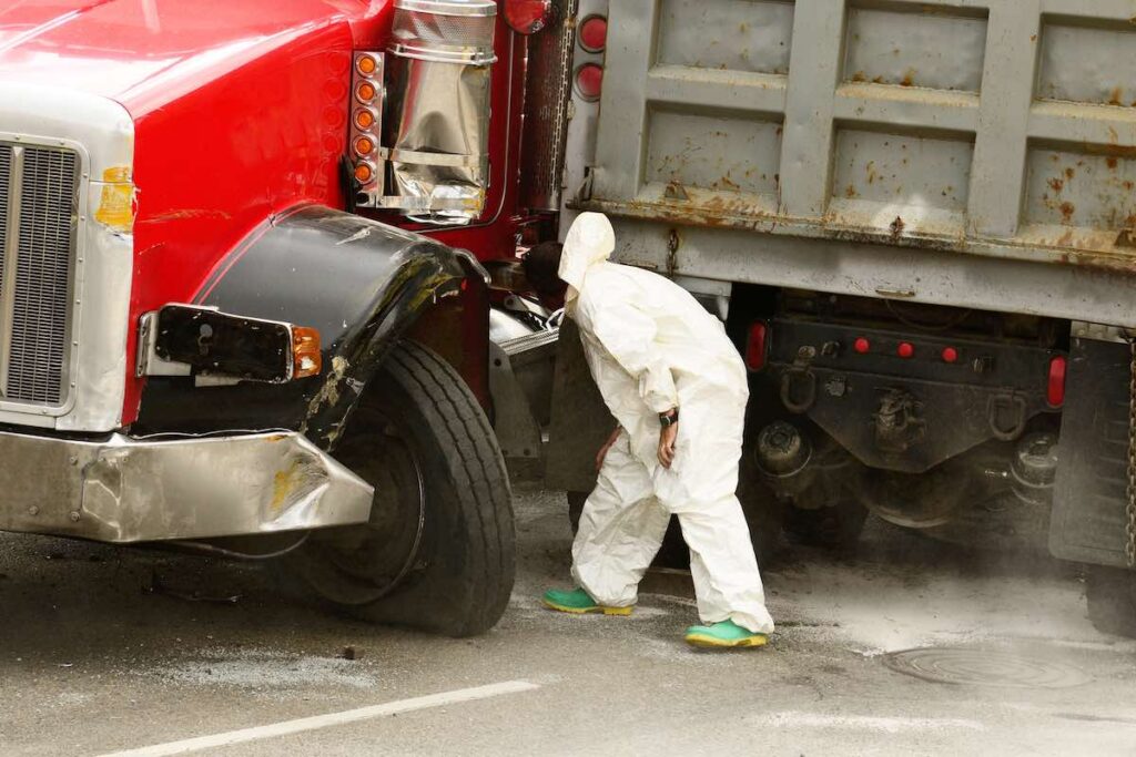 Cleanup company working at a four vehicle accident involving two large trucks resulted in a single injury