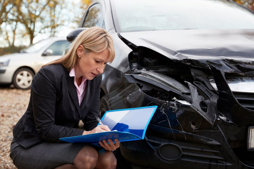 Female Travelers car insurance agent writing report on damaged car after an accident