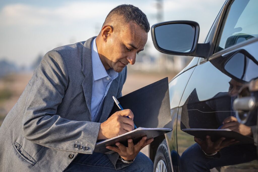 AAA insurance agent inspecting a car with a scratch and taking notes