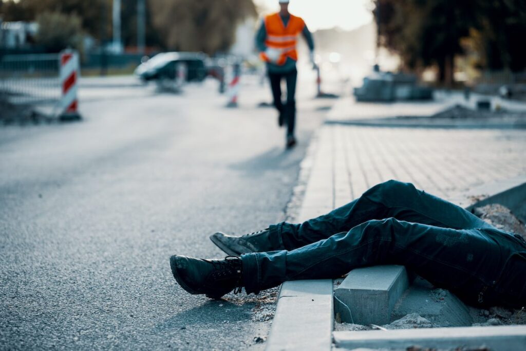 An injured person fell on the street after an accident at roadworks in Florida